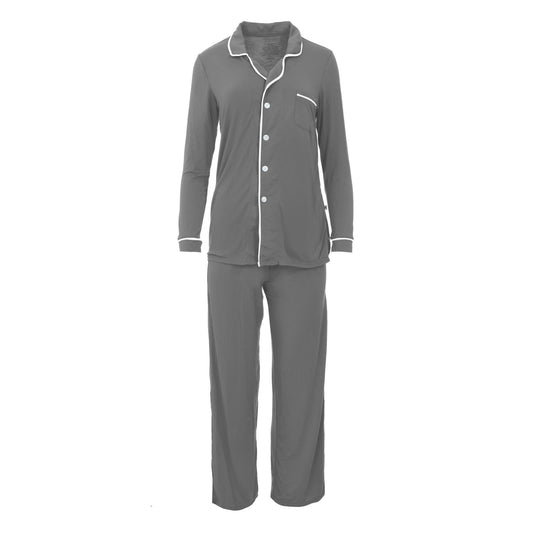 Kickee Pants Women's Long Sleeve Collared Pajama Set in Pewter with Natural