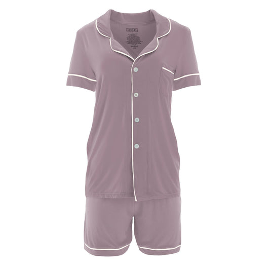 Kickee Pants Women's Short Sleeve Collared Pajama Set in Elderberry with Natural