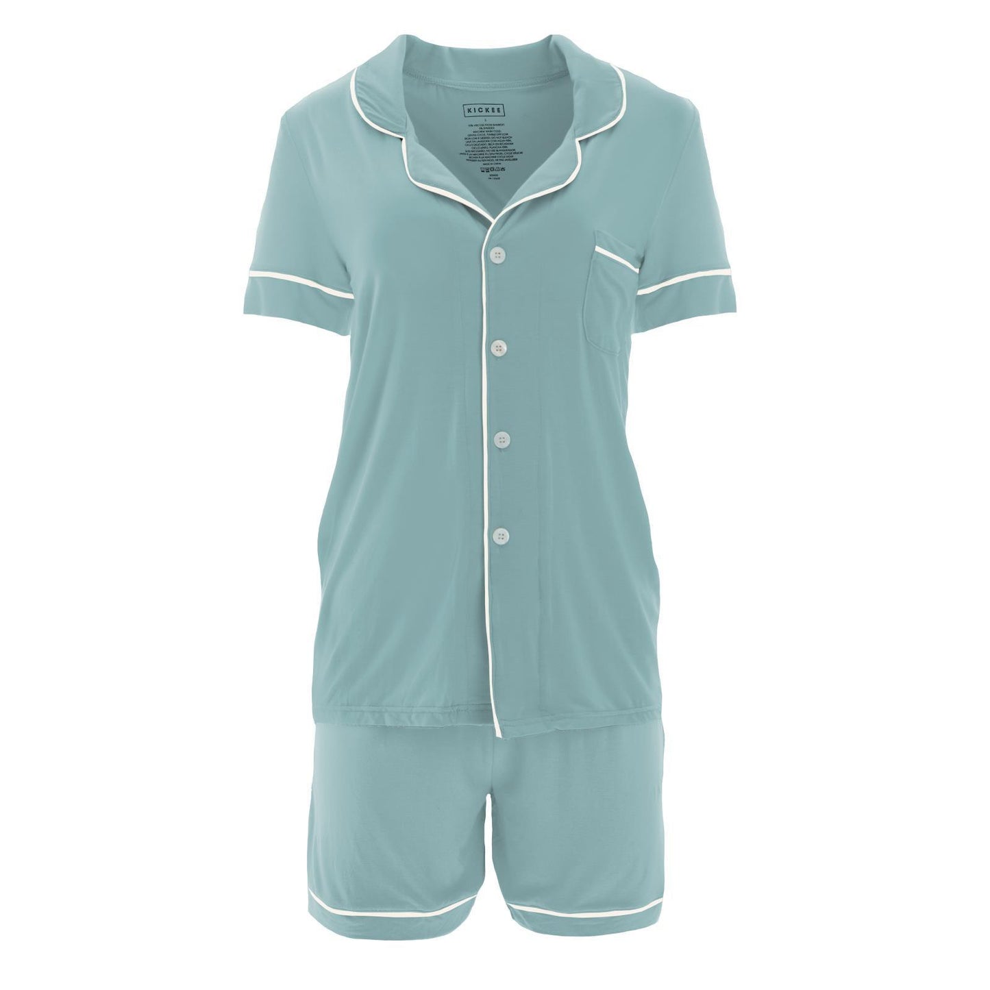 Kickee Pants Women's Short Sleeve Collared Pajama Set in Jade with Natural