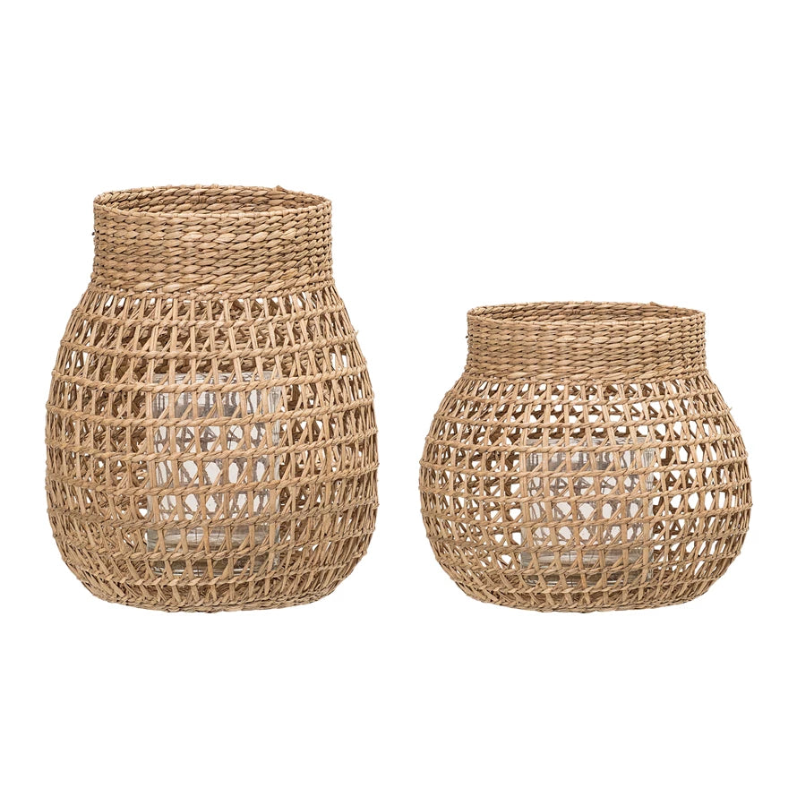 Hand-Woven Seagrass Lanterns with Glass Inserts