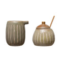 Creamer and Sugar Jar with Wooden Spoon, Set of 3