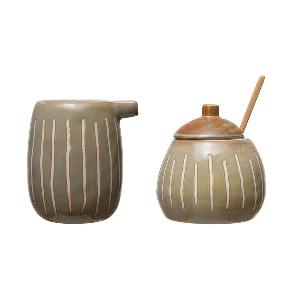 Creamer and Sugar Jar with Wooden Spoon, Set of 3