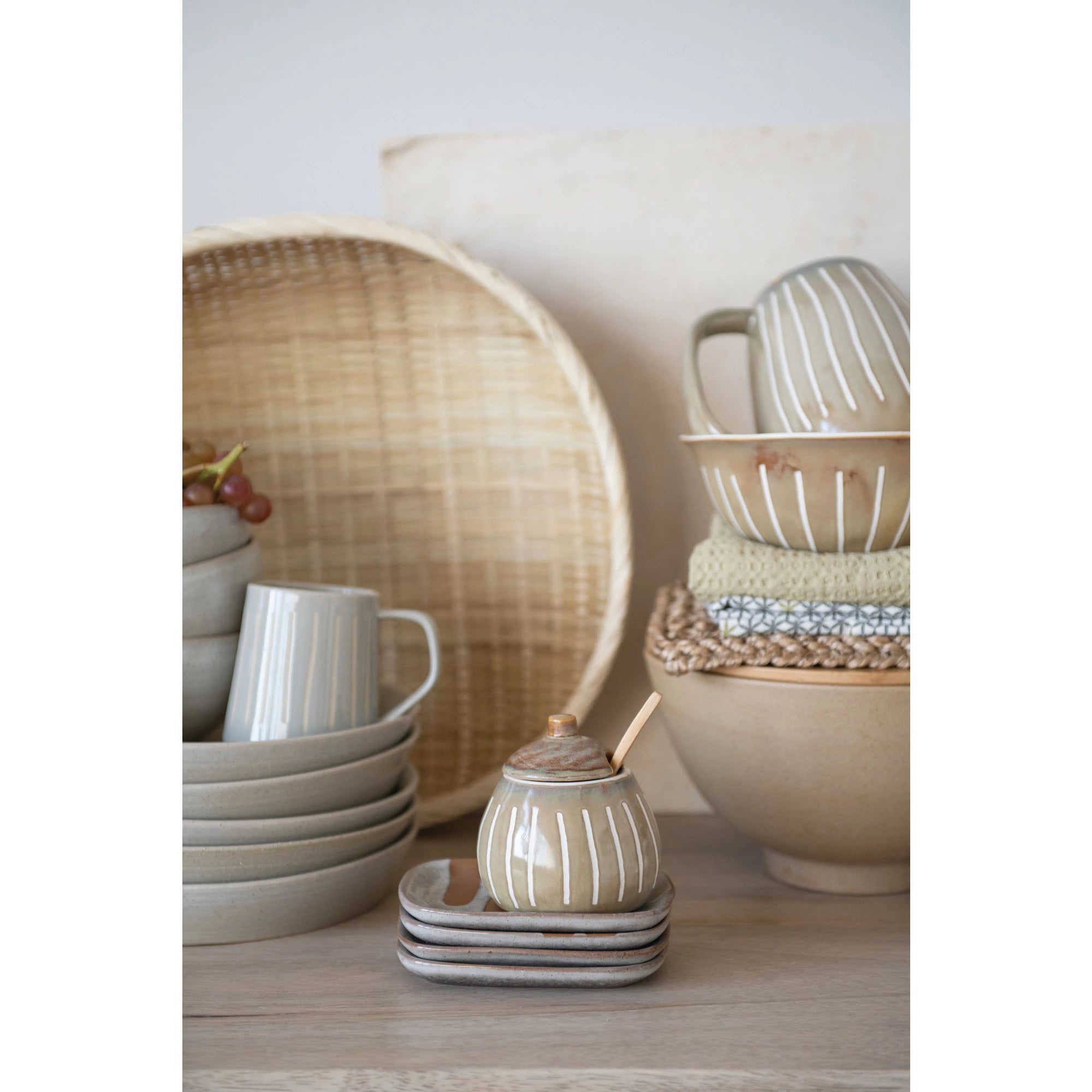 Creamer and Sugar Jar with Wooden Spoon, Set of 3