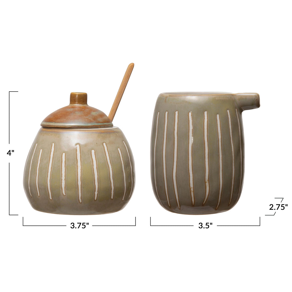 Creamer and Sugar Jar with Wooden Spoon, Set of 3