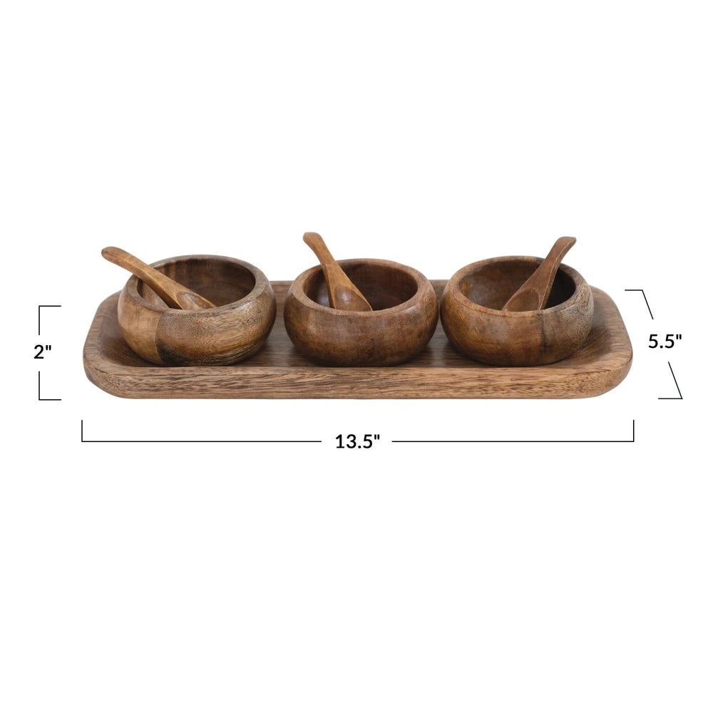 Mango Wood Tray with 3 Bowls and Spoons, Set of 7