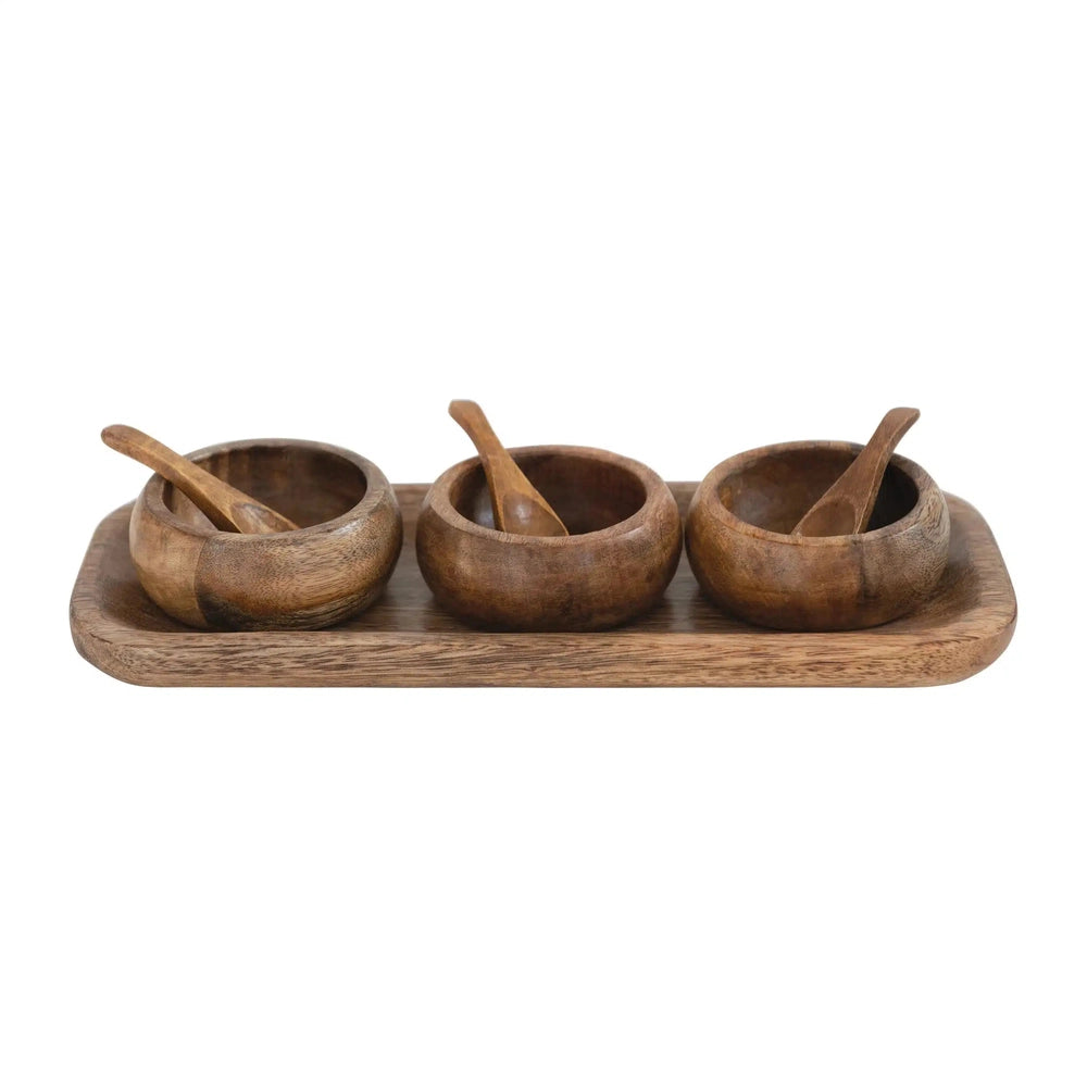 Mango Wood Tray with 3 Bowls and Spoons, Set of 7
