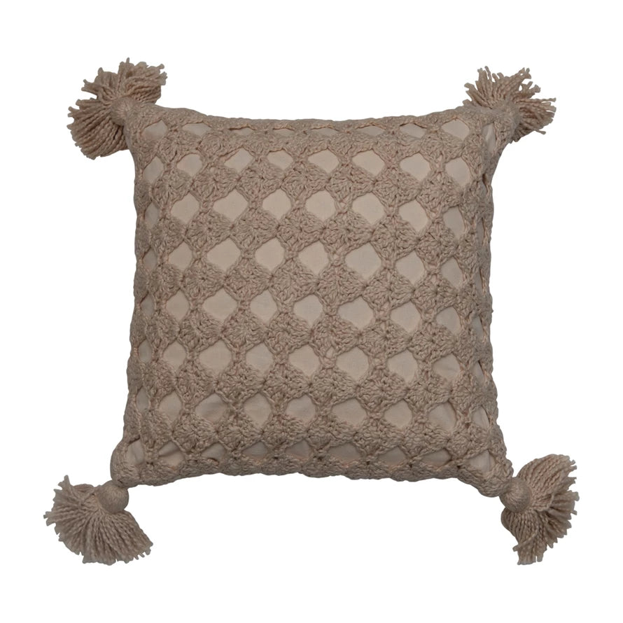 Cotton Crocheted Pillow w/ Tassels, Polyester Fill