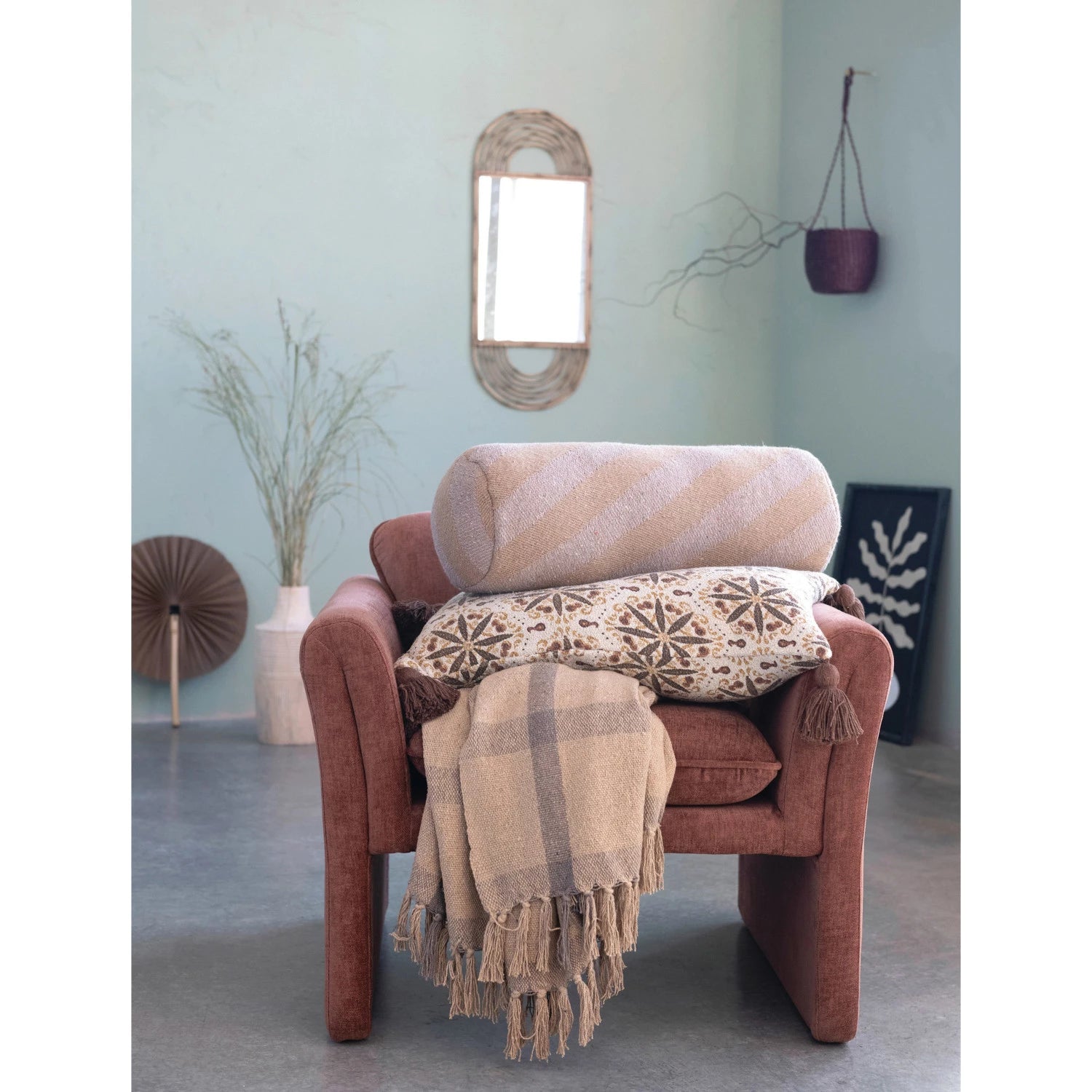 Recycled Cotton Blend Lumbar Pillow w/ Tassels, Down Fill