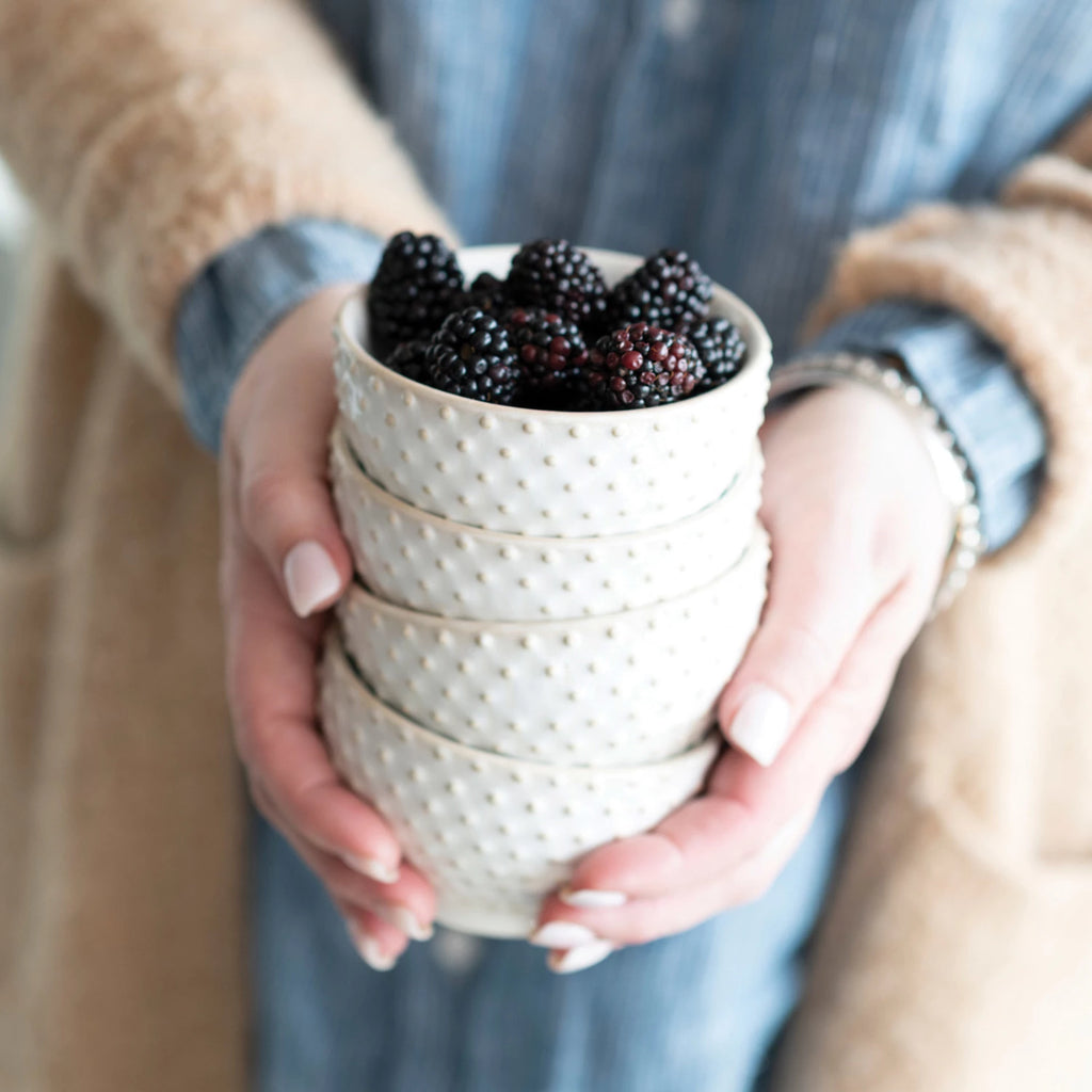 Embossed Stoneware Hobnail Bowl, Reactive Glaze