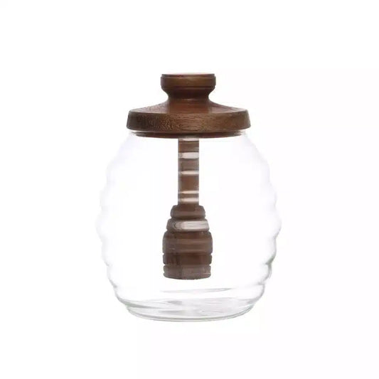 Glass Honey Jar w/ Acacia Wood Lid & Attached Honey Dipper, Natural | Bridal Shower Bobbie Sue Childress & Dalton Shaw