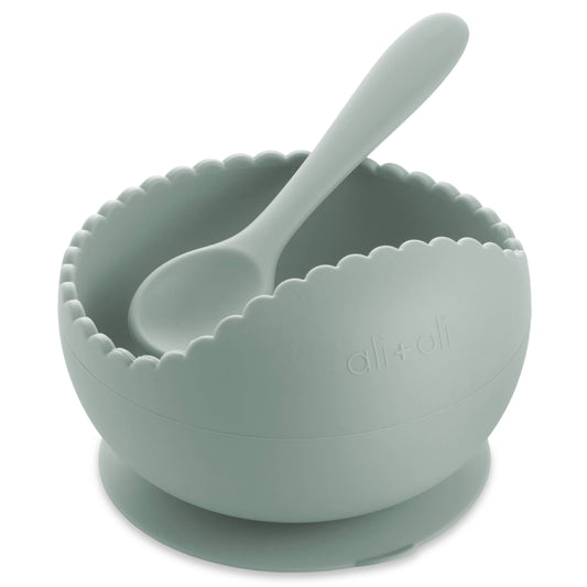 Ali+Oli Silicone Suction Bowl & Spoon Set, Wavy in Mint