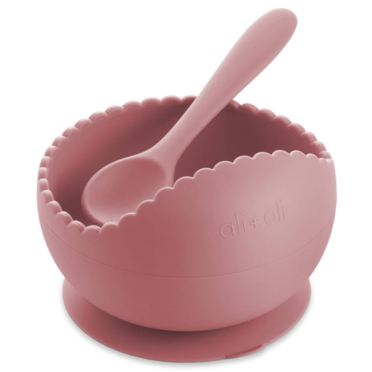 Ali+Oli Silicone Suction Bowl & Spoon Set, Wavy in Dusty Rose