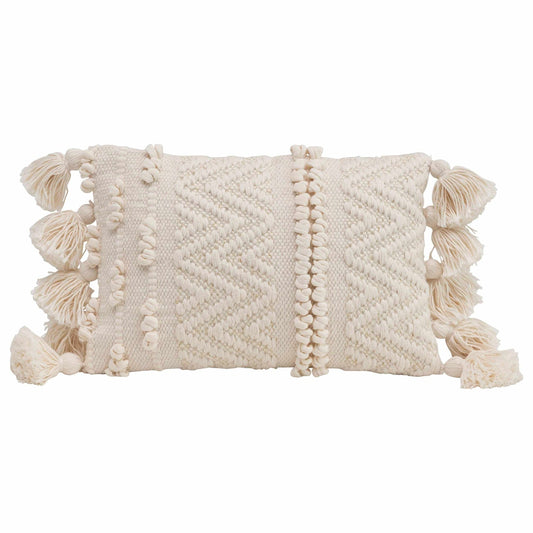 Textured Lumbar Pillow with Pom Poms and Tassels