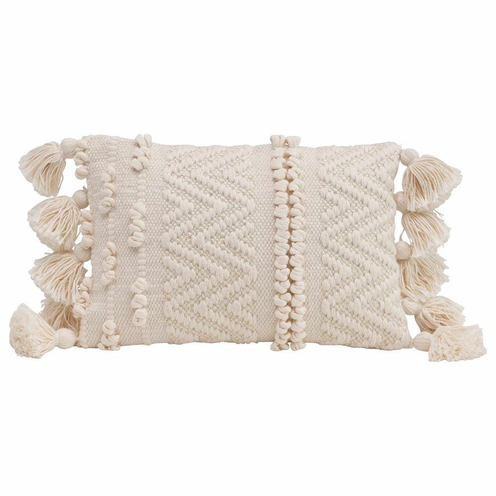 Textured Lumbar Pillow with Pom Poms and Tassels