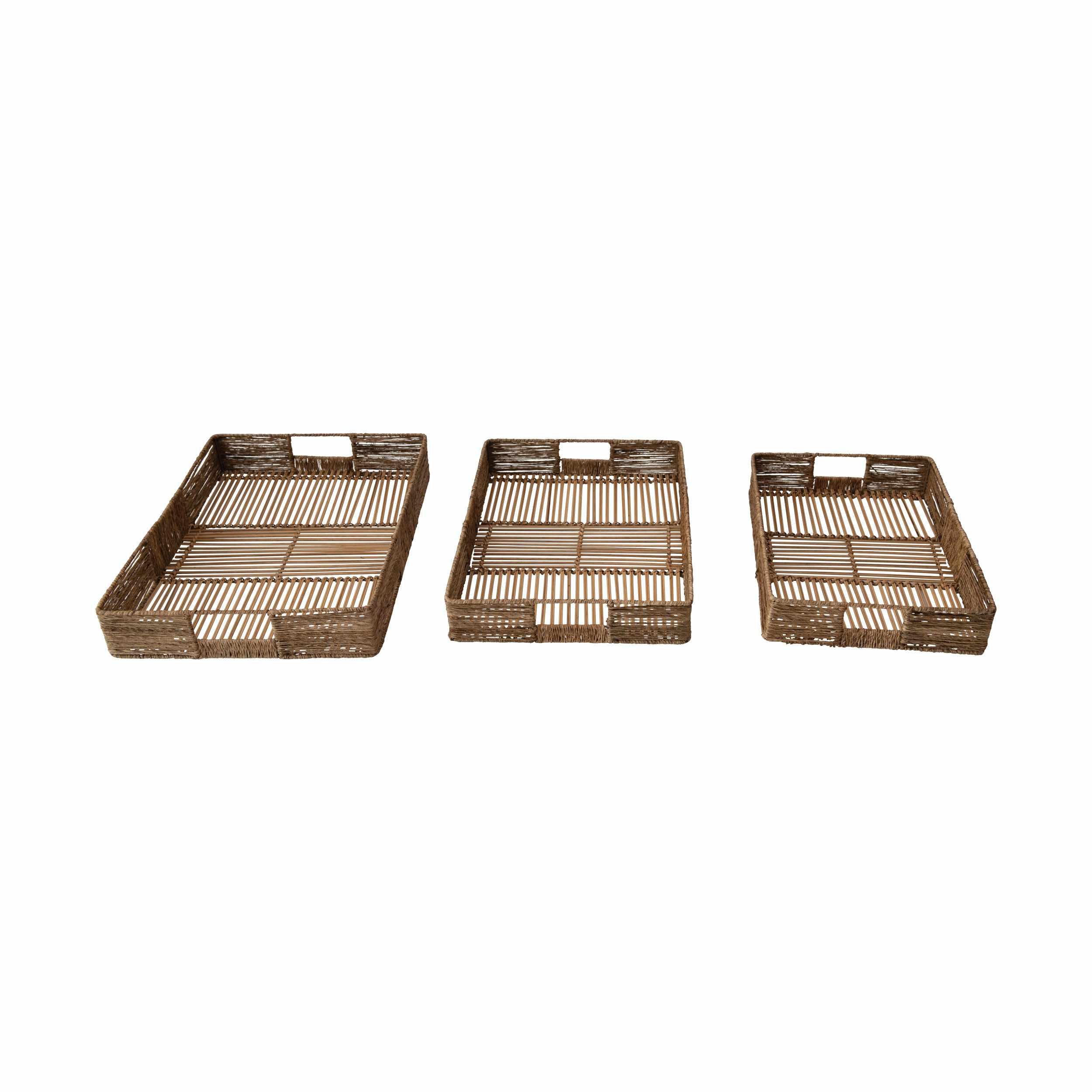 Hand-Woven Trays with Handles, Set of 3