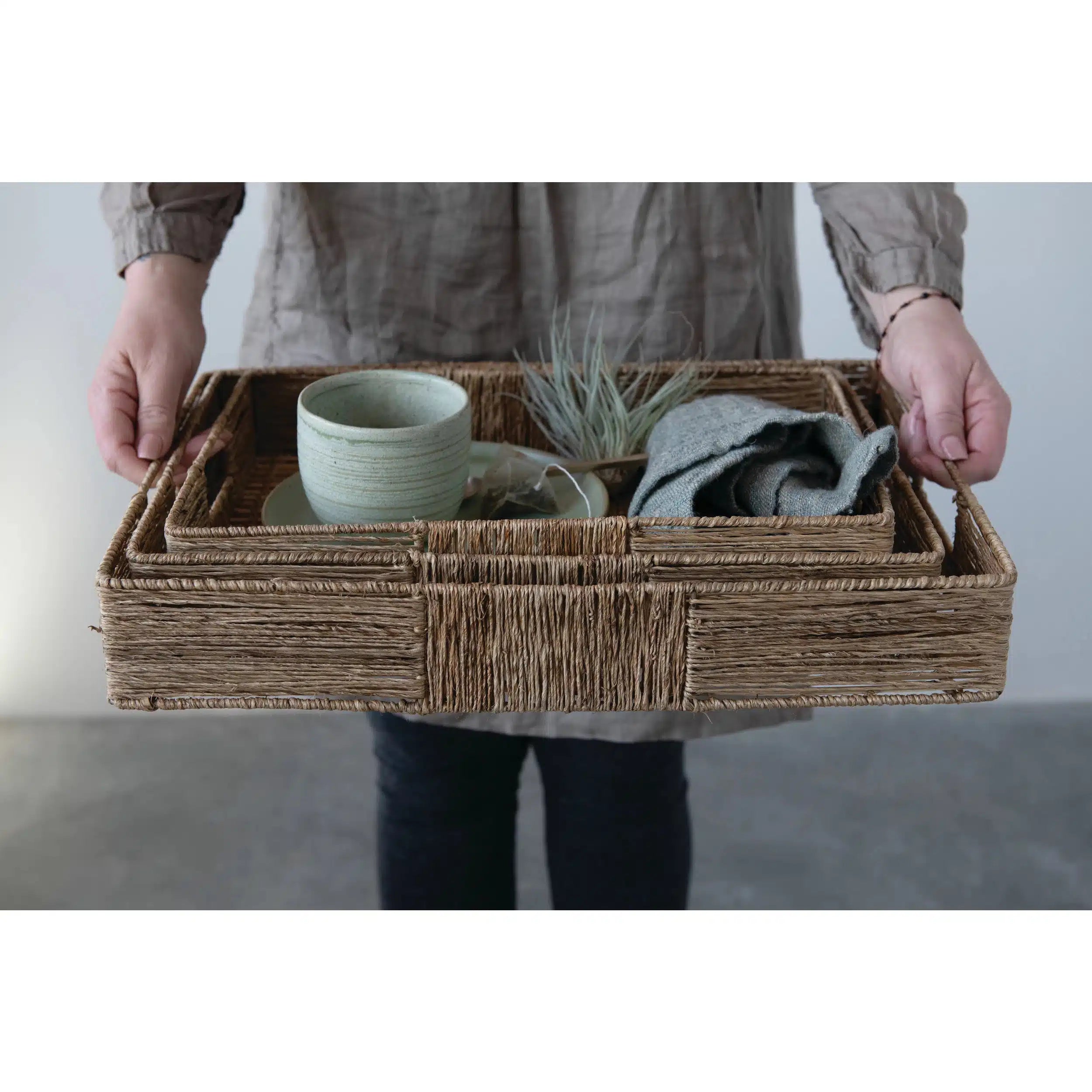 Hand-Woven Trays with Handles, Set of 3