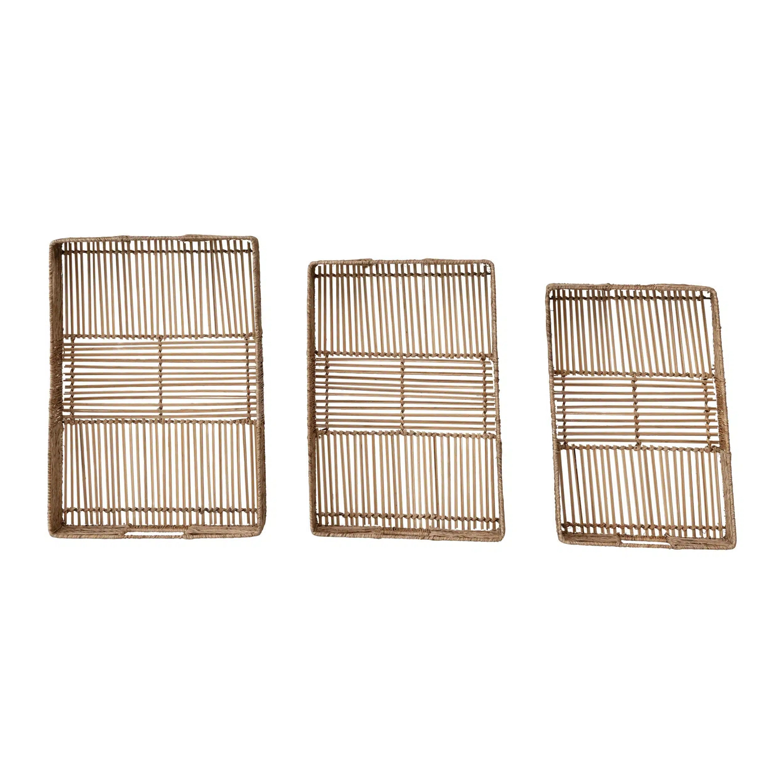 Hand-Woven Trays with Handles, Set of 3