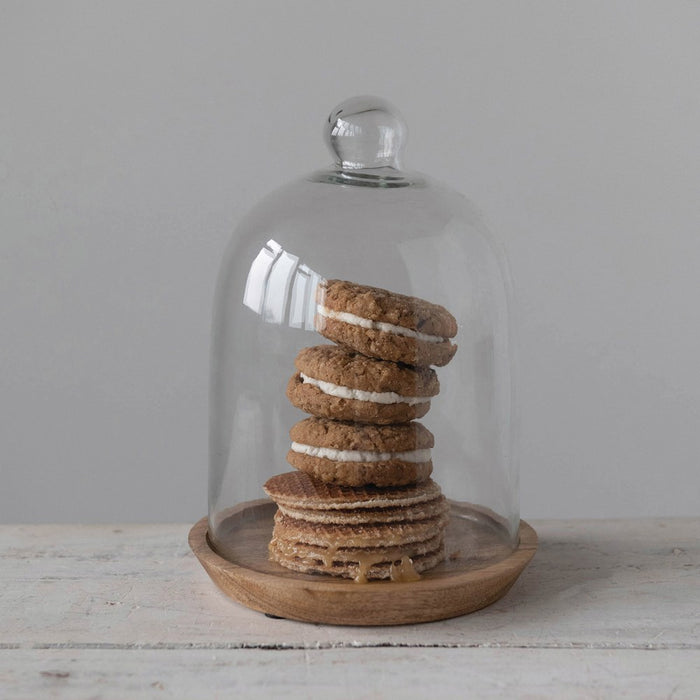 Glass Cloche with Mango Wood Base, Set of 2