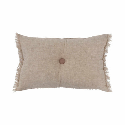 Linen and Cotton Tufted Two-Sided Lumbar Pillow with Button and Fringe