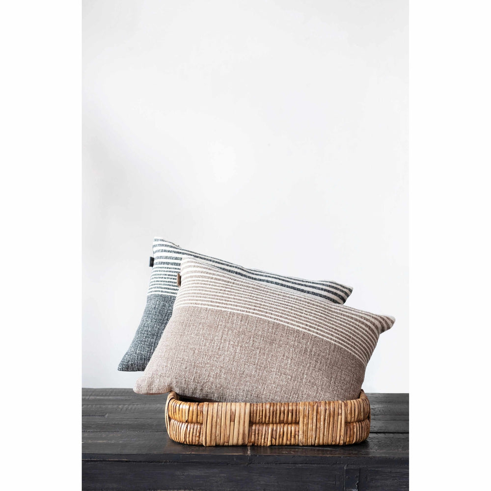 Cotton Blend Slub Lumbar Pillow with Stripes and Leather Tab
