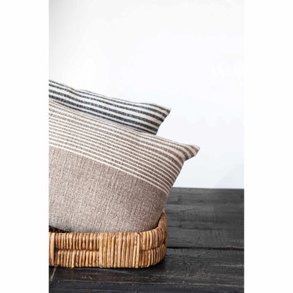 Cotton Blend Slub Lumbar Pillow with Stripes and Leather Tab