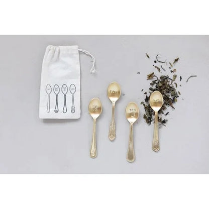 Brass Spoons with Engraved Saying, Set of 4 in Printed Drawstring Bag