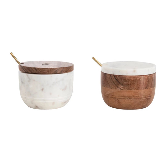 Marble and Acacia Wood Bowl with Lid and Brass Spoon, 2 Styles