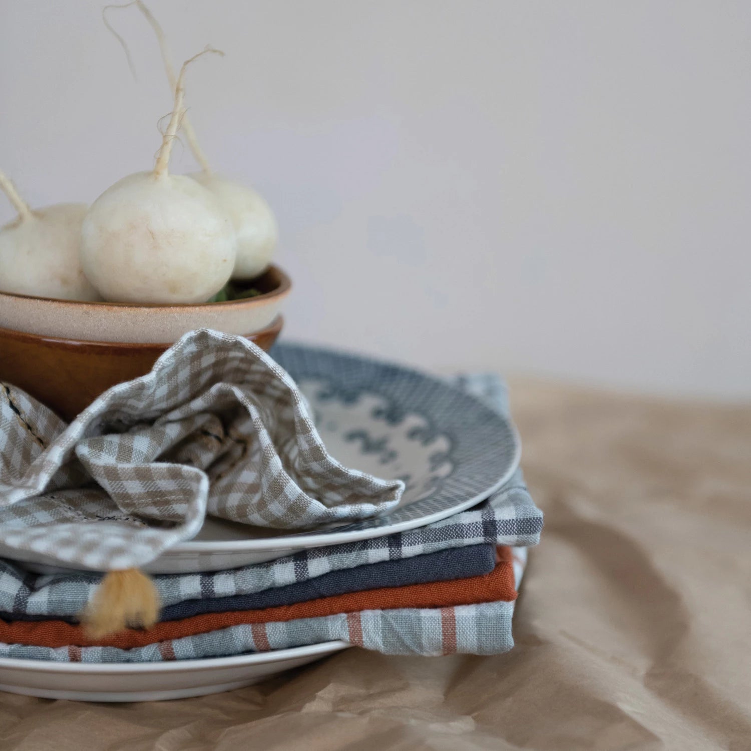 Cotton Napkins w/ Embroidery & Mustard Color Tassels, Set of 4