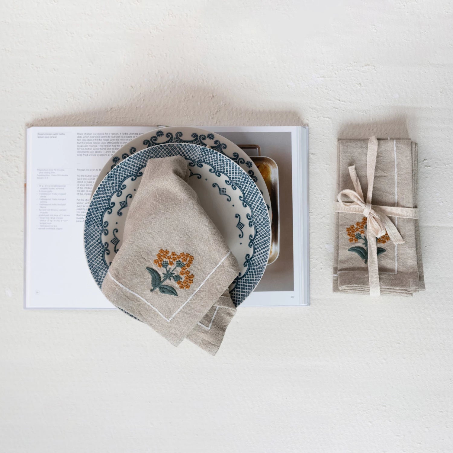 Cotton Napkins w/ Embroidery & Mustard Color Tassels, Set of 4