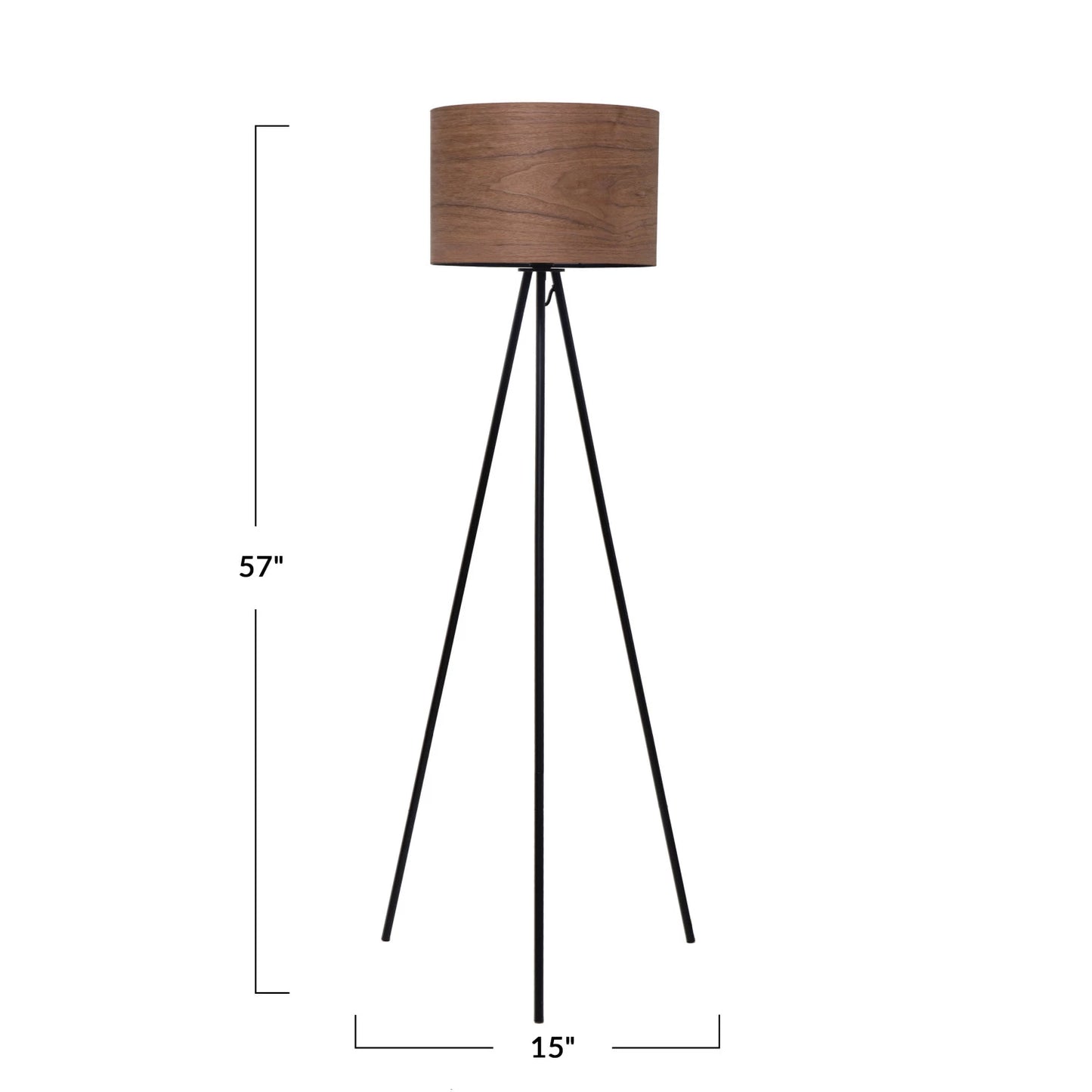 Metal Tripod Floor Lamp w/ Walnut Wood Shade, Black