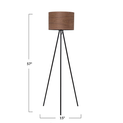 Metal Tripod Floor Lamp w/ Walnut Wood Shade, Black