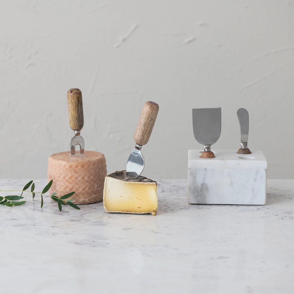 Stainless Steel Cheese Servers w/ Mango Wood Handles & Marble Stand, White & Natural, Set of 5
