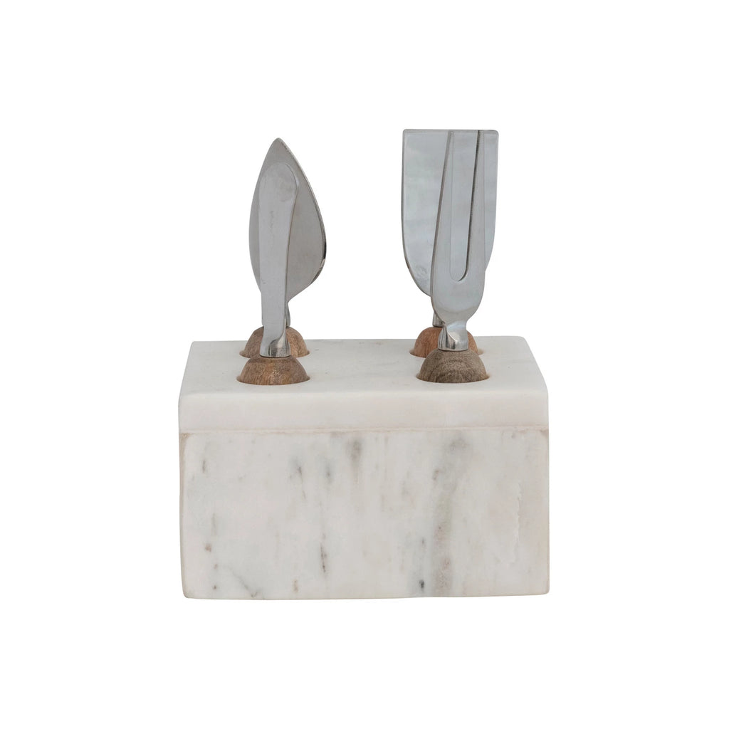 Stainless Steel Cheese Servers w/ Mango Wood Handles & Marble Stand, White & Natural, Set of 5