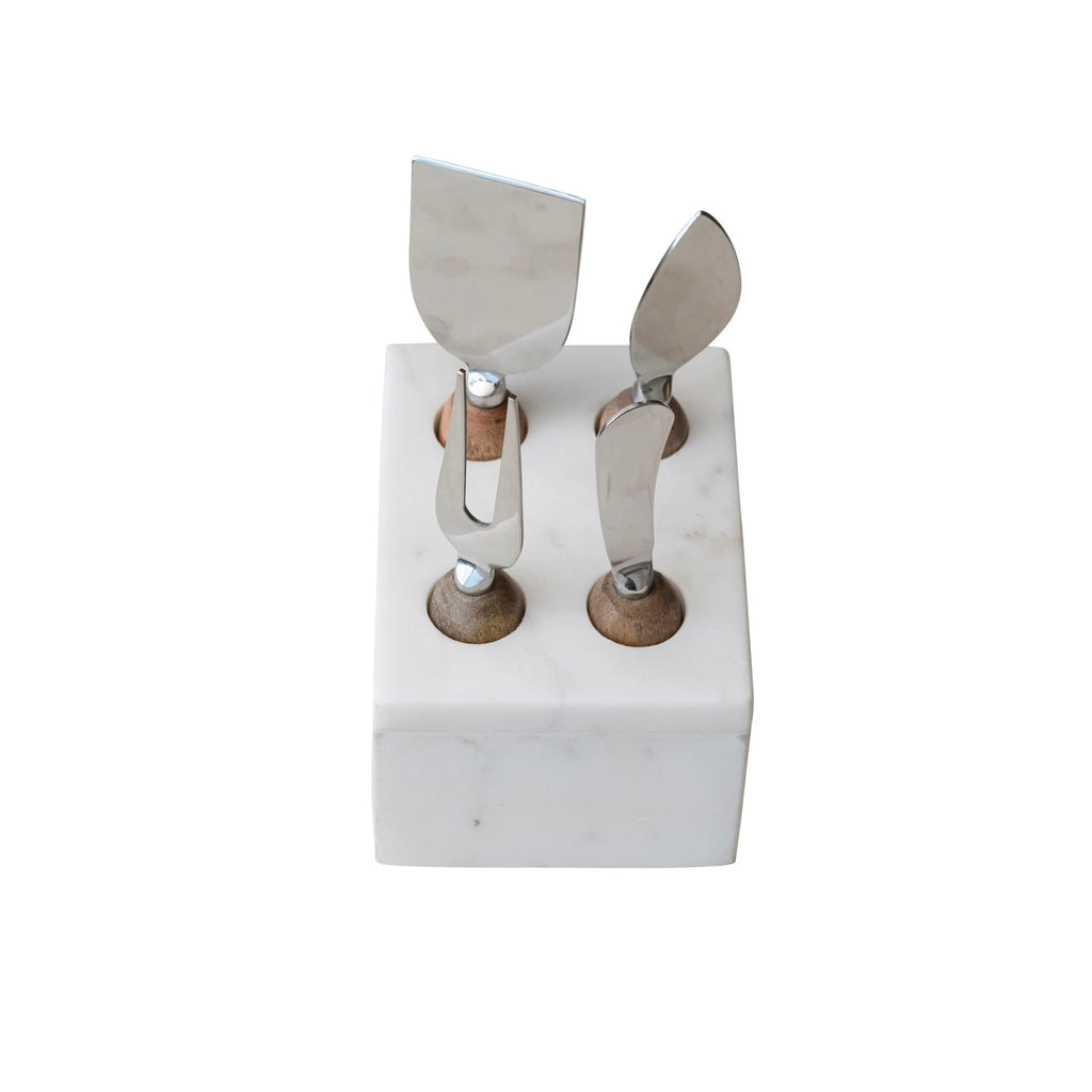 Stainless Steel Cheese Servers w/ Mango Wood Handles & Marble Stand, White & Natural, Set of 5