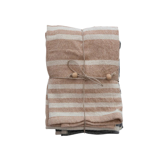 Cotton Double Cloth Striped Tea Towels w/ Jute & Wood Bead Tie, 2 Colors, Set of 2