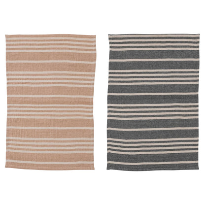 Cotton Double Cloth Striped Tea Towels w/ Jute & Wood Bead Tie, 2 Colors, Set of 2