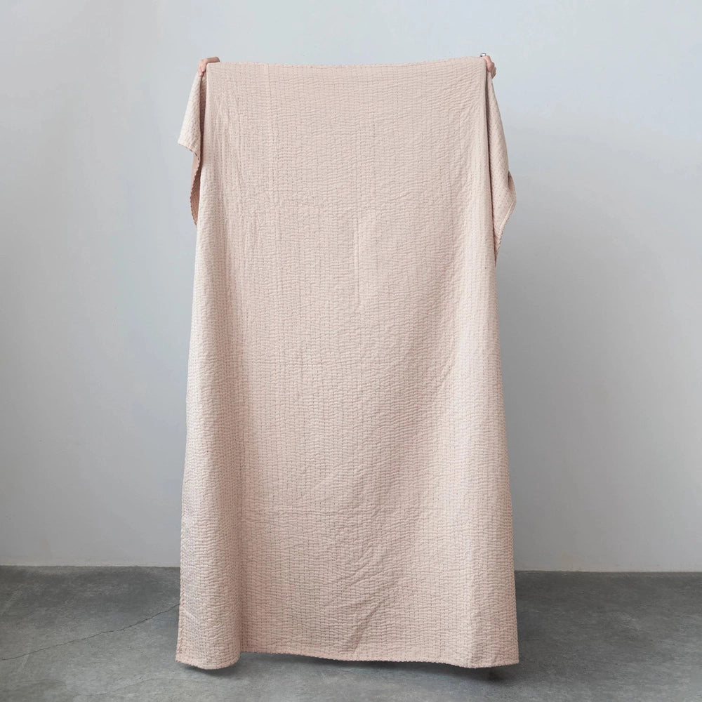 Cotton Velvet Throw w/ Kantha Stitch, Blush Color