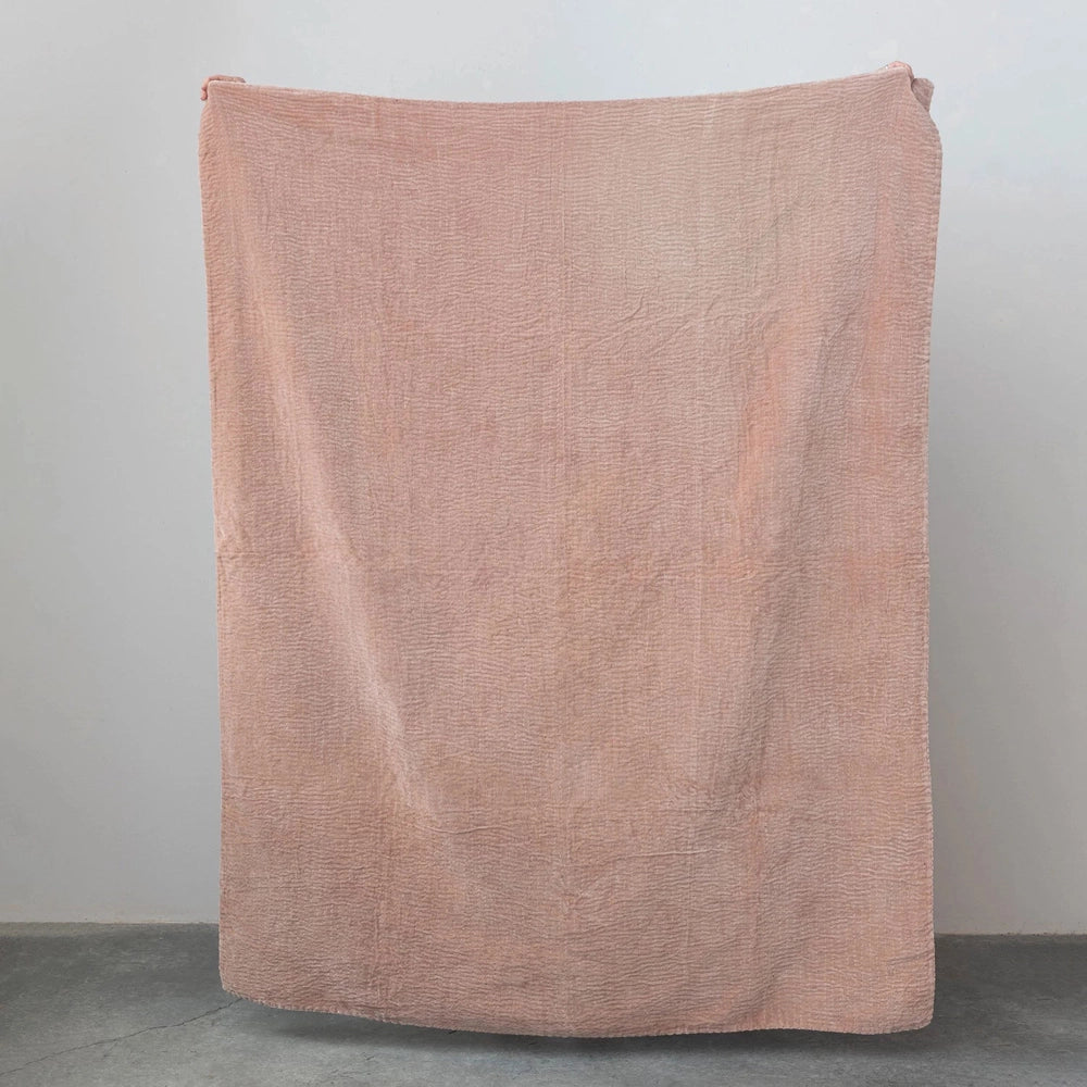 Cotton Velvet Throw w/ Kantha Stitch, Blush Color
