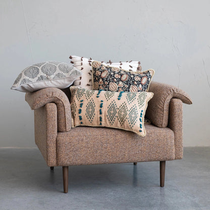 Cotton Slub Lumbar Pillow w/ Embroidered Pattern & Fringe, Natural & Teal