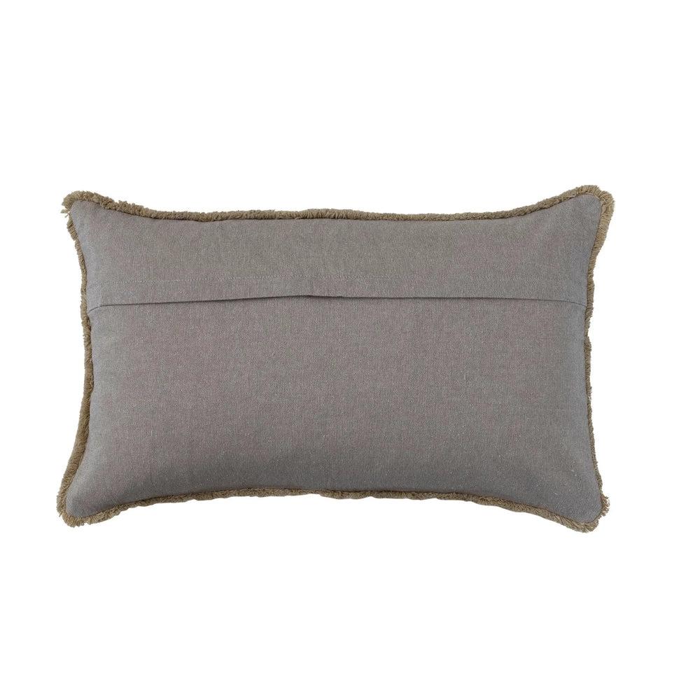 Cotton Slub Lumbar Pillow w/ Embroidered Pattern & Fringe, Natural & Teal