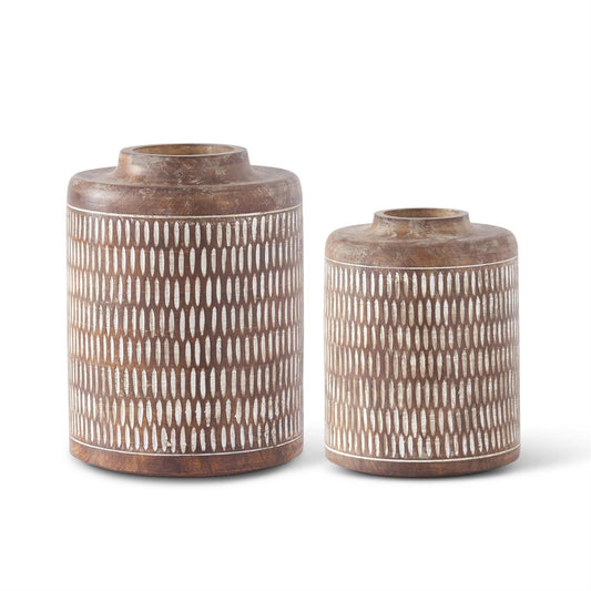 Wood Vases w/Whitewashed Carved Pattern