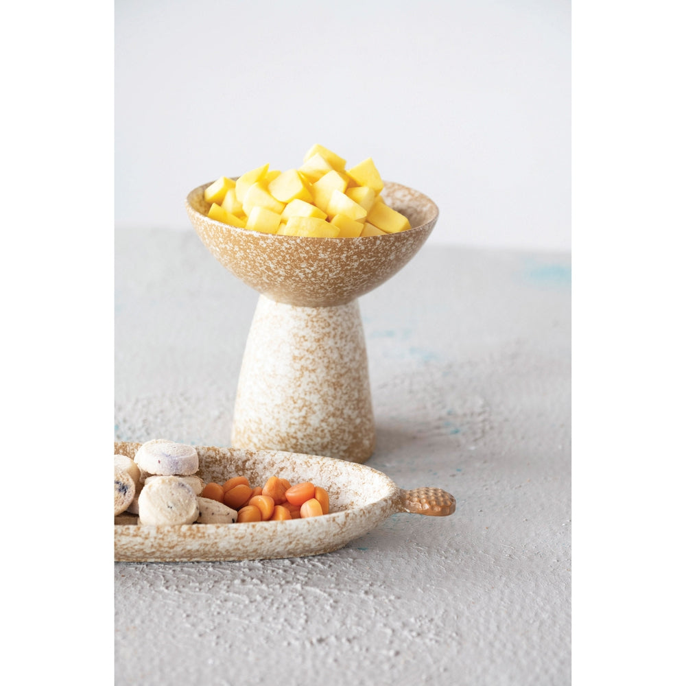 Stoneware Dish on Pedestal, Reactive Glaze
