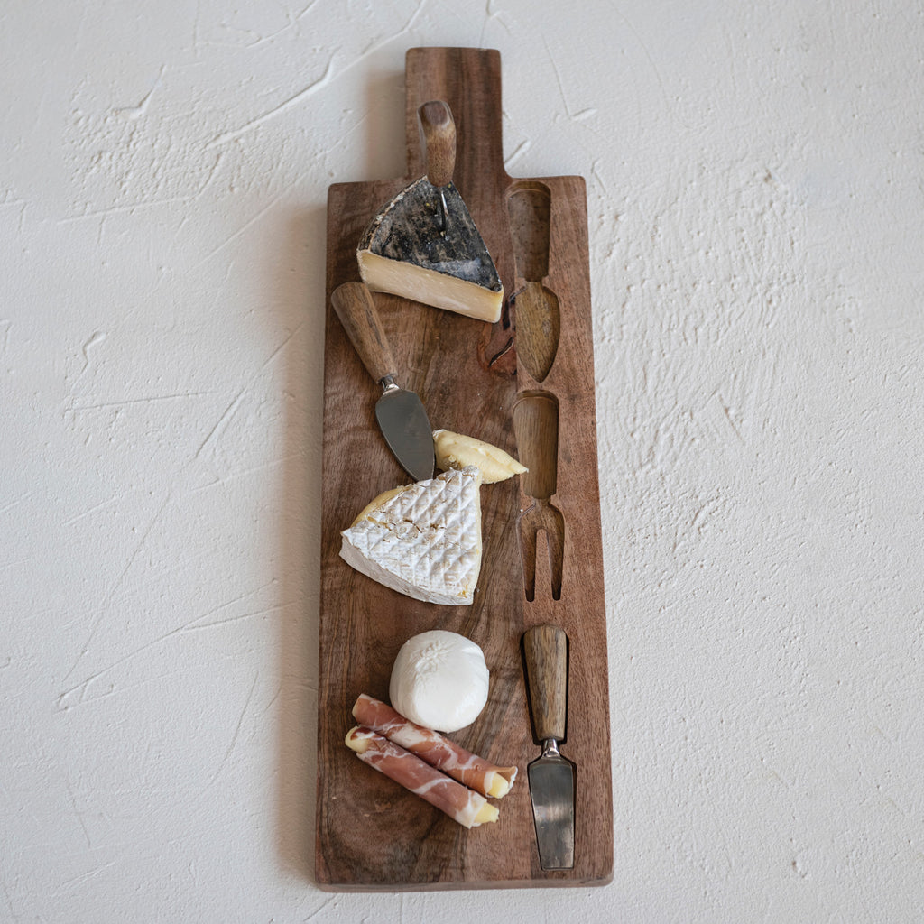 Mango Wood Cheese/Cutting Board w/ Handle & Cheese Utensils, Set of 4