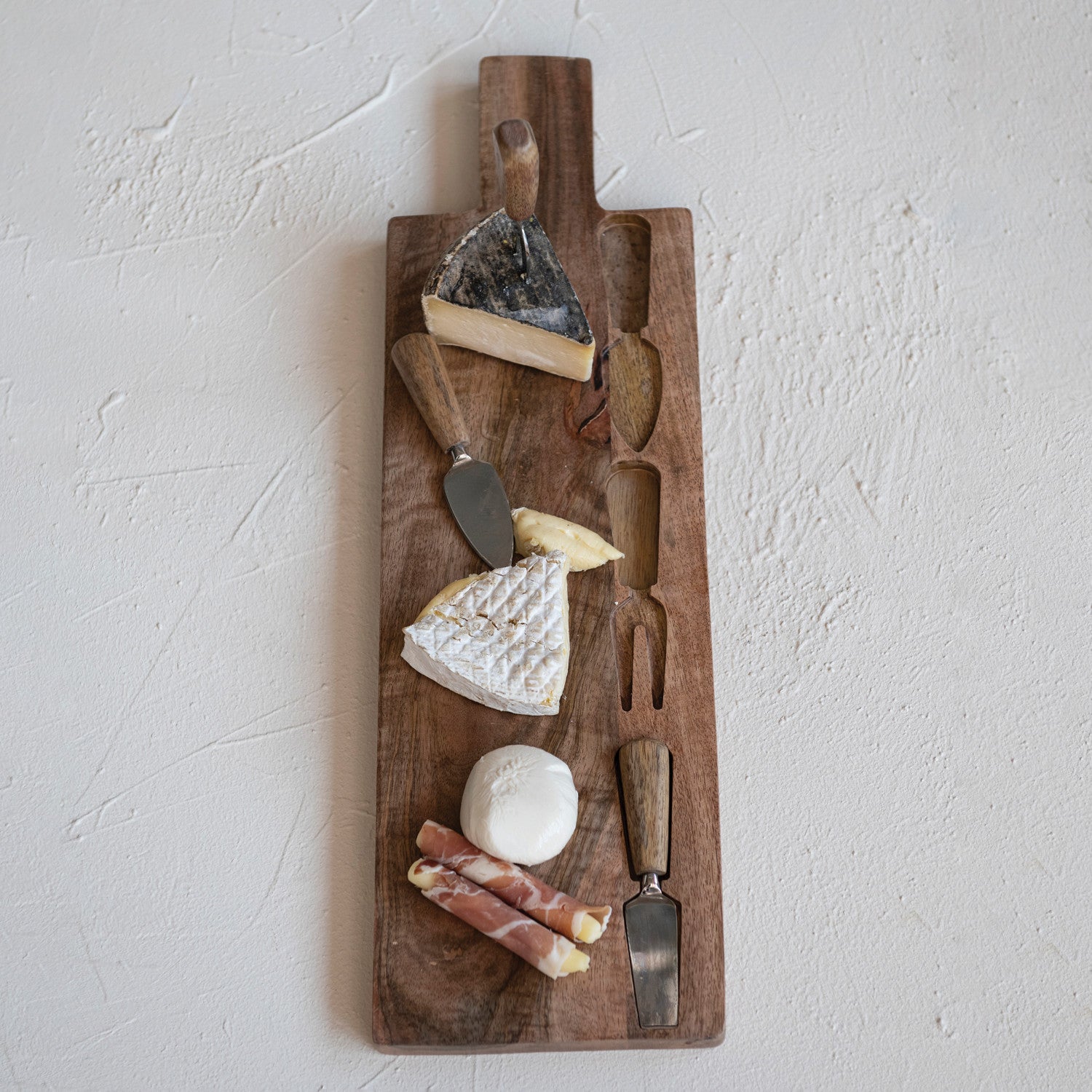 Mango Wood Cheese/Cutting Board w/ Handle & Cheese Utensils, Set of 4