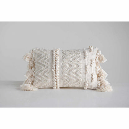 Textured Lumbar Pillow with Pom Poms and Tassels