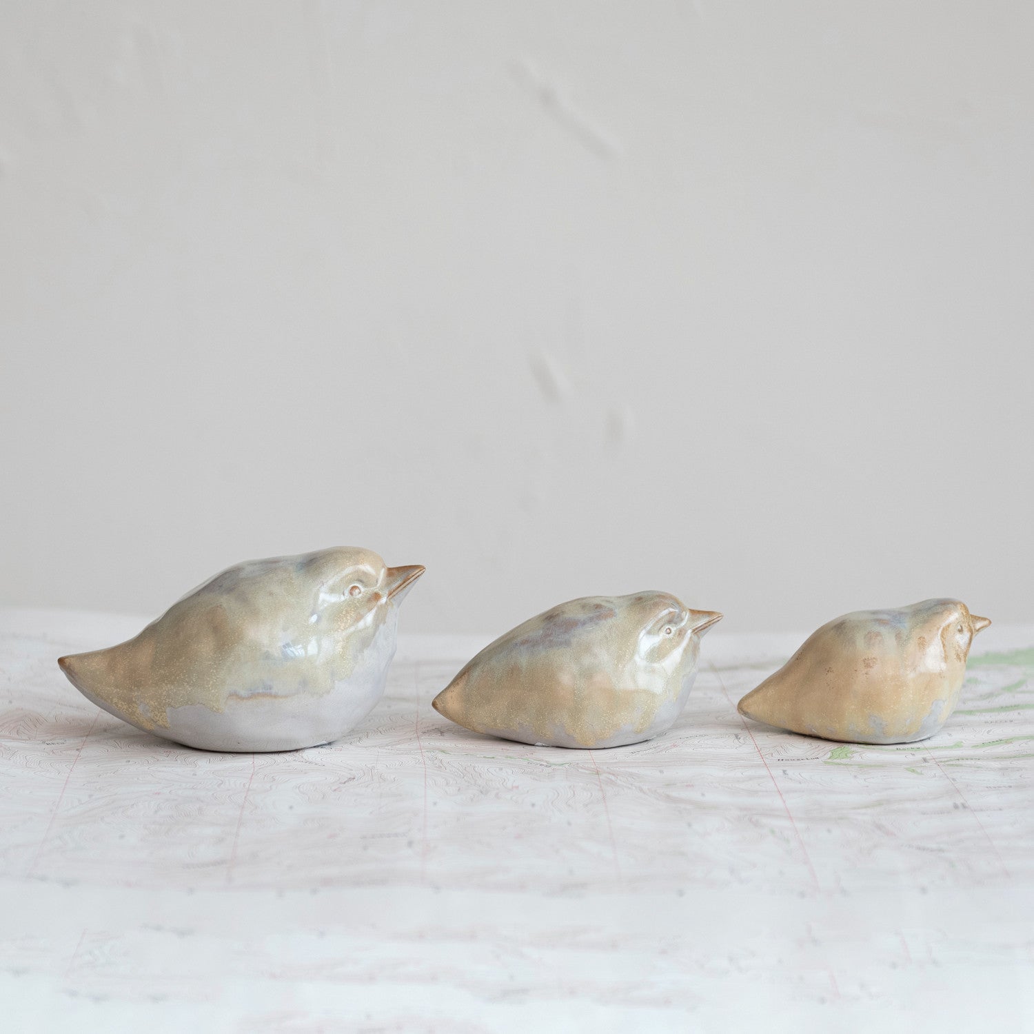 Stoneware Birds, Reactive Glaze, Tan Color, Set of 3
