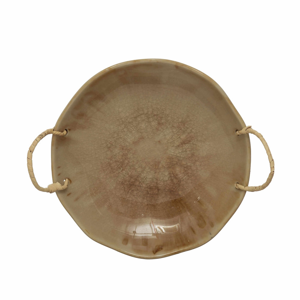 Stoneware Bowl with Rattan Wrapped Handles, Reactive Crackle Glaze