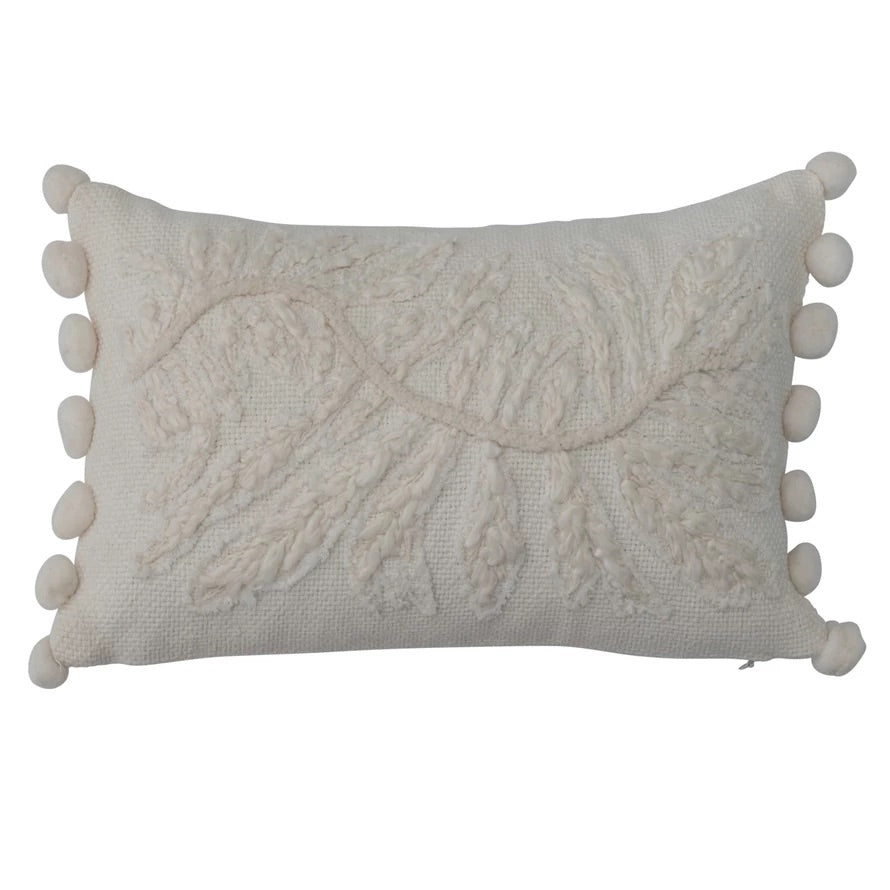 Cotton Lumbar Pillow w/ Embroidery & Pom Poms