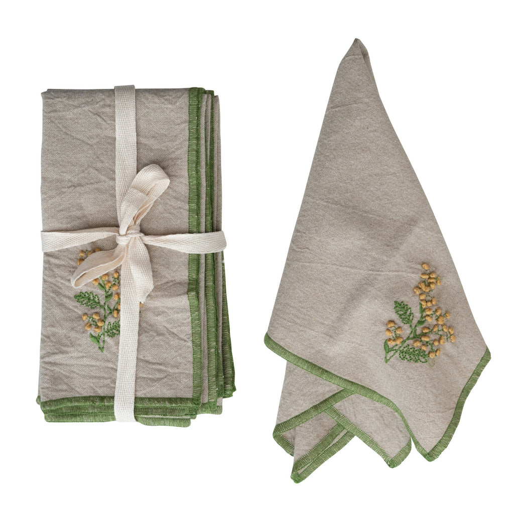 Cotton Napkins w/ Floral Embroidery & French Knots, Set of 4