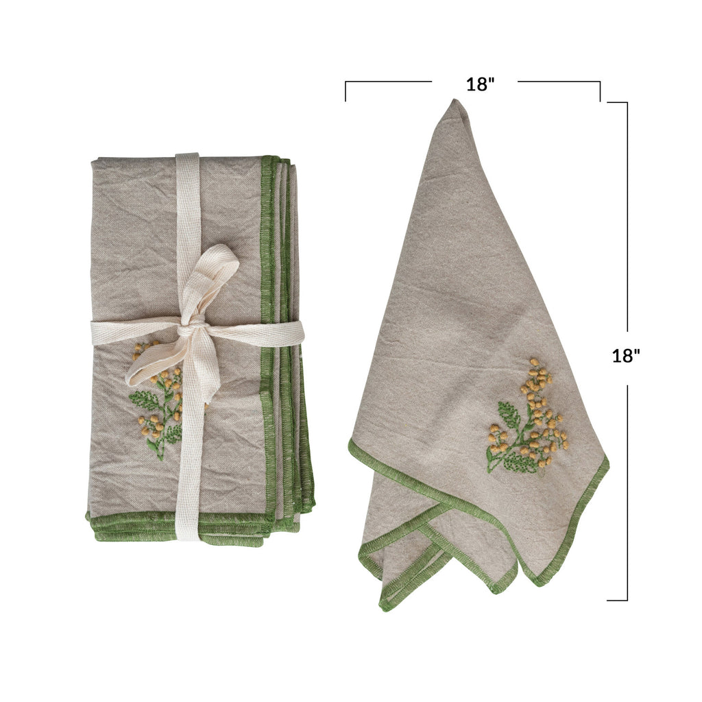 Cotton Napkins w/ Floral Embroidery & French Knots, Set of 4